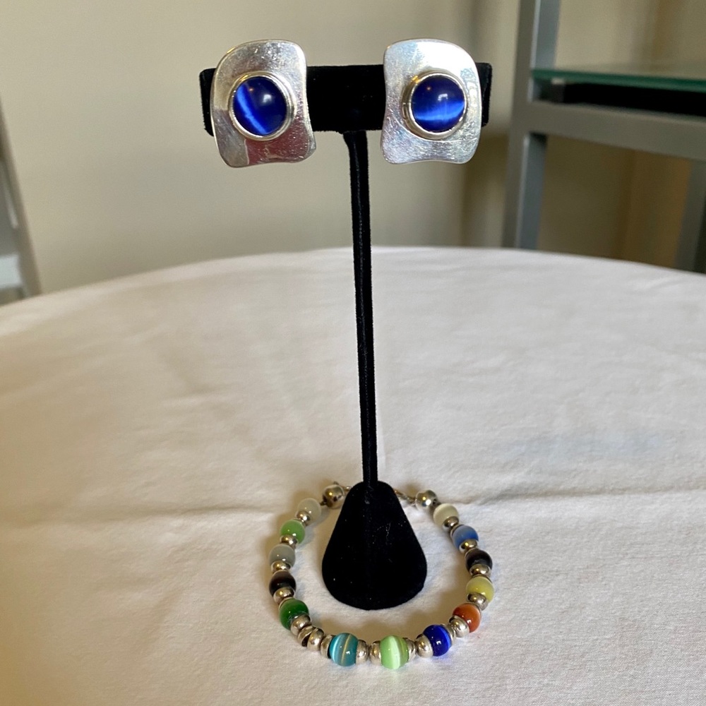 Silver and blue jewelry set.